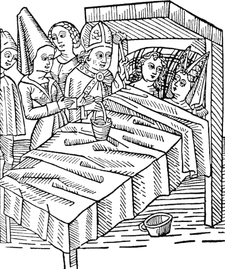 Reymont and Melusina blessed by the bishop in their bed on their wedlock, 15th-century woodcut
