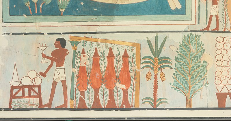 A painting of an Egyptian man with a brazier, in the background are fruit-bearing plants and vines.