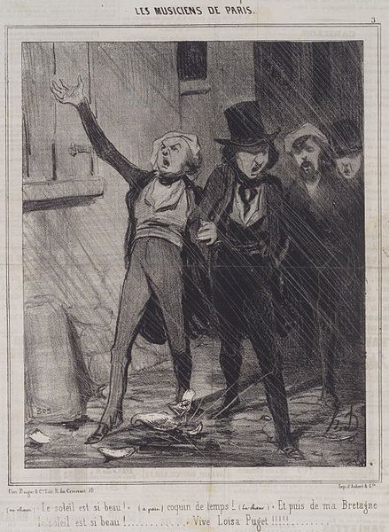 Paris men sing a drunken serenade in Honoré Daumier's series of humorous cartoons, The Musicians of Paris.