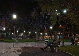 La Plaza Manuel Belgrano en una noche de primavera con sus jacarandaes en flor.