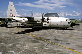 Four-engined military cargo plane in grey and white livery at an airfield