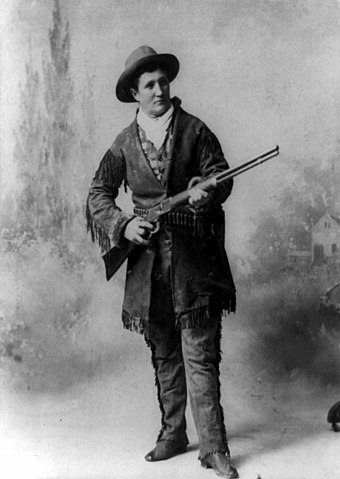 Calamity Jane, notable pioneer frontierswoman and scout, at age 43. Photo by H.R. Locke.