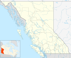 Mapa konturowa Kolumbii Brytyjskiej, blisko dolnej krawiędzi nieco na prawo znajduje się punkt z opisem „Surrey”