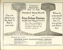 Rail cross-section was used to advertise Titanium alloy as early as 1913 Canadian transportation and distribution management (1913) (14761406346).jpg