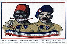 "Brutality, Bestiality, Equality". German postcard sent in January 1923. A Senegalese of the French army is represented alongside a Czech soldier. Carte postale raciste antifrancaise et anti-tcheque allemande 1923.jpg