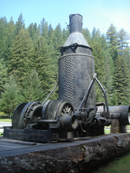 Willamette Steam donkey preserved at Caspar Lumber Company Camp 20 adjacent to California State Route 20