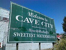 The Cave City welcome sign boasts that the town is the "Home of the World's Sweetest Watermelon". Cave City sign.jpg