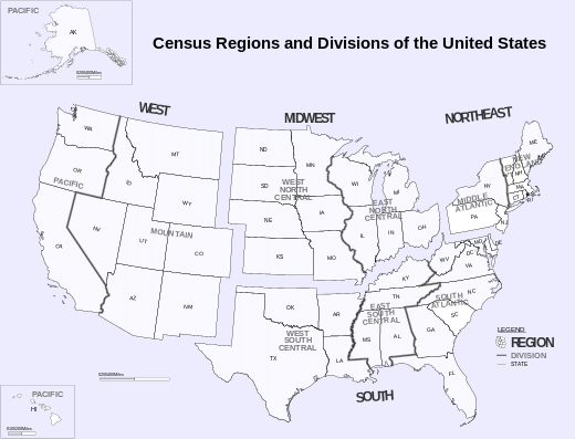 De statistische regio's en subregio's van de VS volgens het USCB.