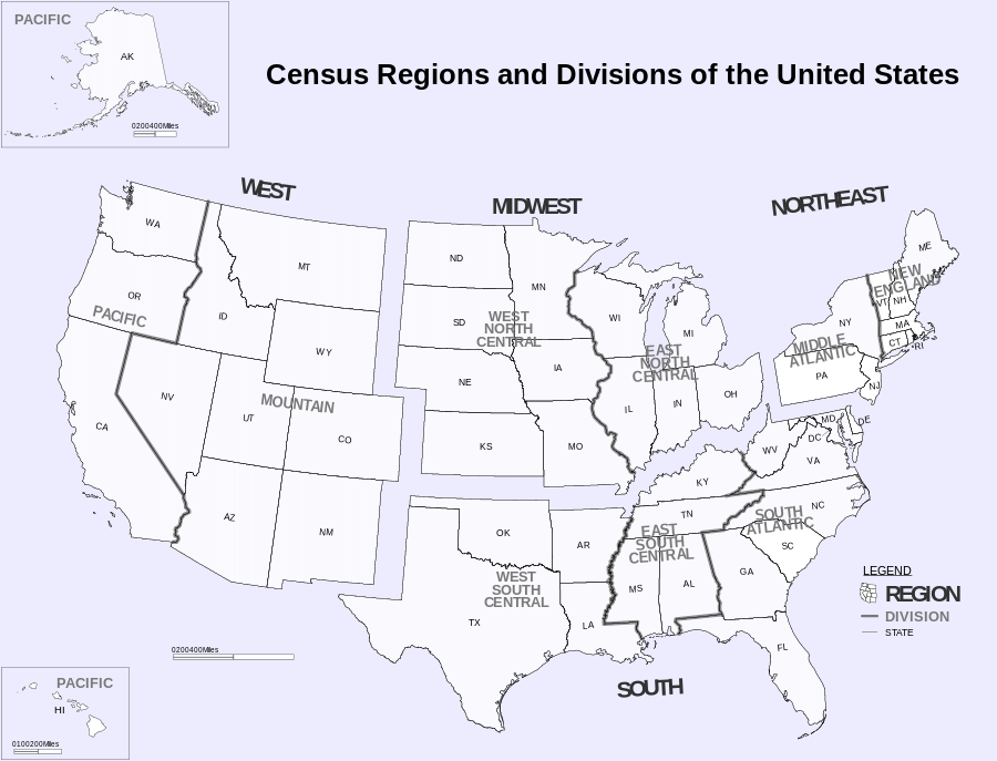 Les régions et divisions du Bureau de recensement des États-Unis