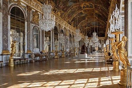 Galerie des Glaces (Hall of Mirrors) in the Palace of Versailles, Versailles, France.
