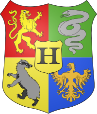 The Coat of Arms of Hogwarts, featuring scarlet and gold Gryffindor colours with the mascot Lion, yellow and black of Hufflepuff with the symbolic badger, bronze and blue Ravenclaw colours with an eagle, and Slytherin green and silver with a serpent mascot.