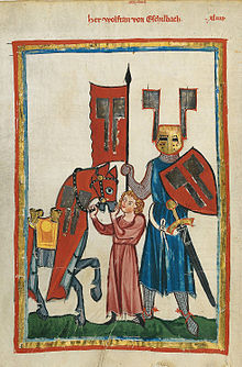 Wolfram von Eschenbach and his squire (Codex Manesse, 14th century) Codex Manesse 149v Wolfram von Eschenbach.jpg