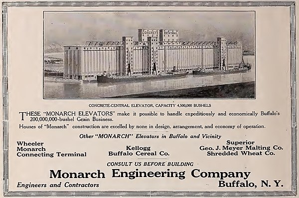 Concrete-Central Elevator of Buffalo, New York with a 4,500,000 bushel capacity built by Monarch Engineering Company before January 1919