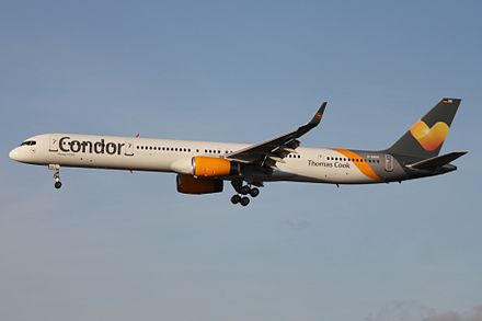 Boeing 757-300 wearing the former Thomas Cook branded livery. The depicted tailfin logo would be replaced with Condor's own signage following the split from Thomas Cook.