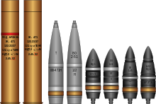 Projectiles and charges of the separate-loading ammunition of the A-19/D-25T 122mm gun. Left to right: cartridge case, high-explosive/ fragmentation shell OF-471, armor-piercing high explosive shell BR-471, armor-piercing ballistic capped shell BR-471B. All shells are shown from two sides.
