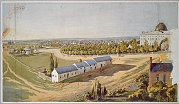 Portrait of the Mall and vicinity looking northwest from southeast of the U.S. Capitol circa 1846-1855, showing stables in the foreground, the Washington City Canal behind them, the Capitol on the right and the Smithsonian "Castle", the Washington Monument and the Potomac River in the distant left. DClandscape1846.jpg