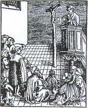 Hallowed be Thy Name by Lucas Cranach the Elder illustrates a Lutheran pastor preaching Christ crucified. During the Reformation and afterwards, many churches did not have pews, so people would stand or sit on the floor. The elderly might be given a chair or stool. Das Vaterunser 2 Lucas Cranach d A.jpg