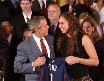 Taurasi with President George W. Bush at a White House ceremony for the national champion 2002–03 Connecticut Huskies.