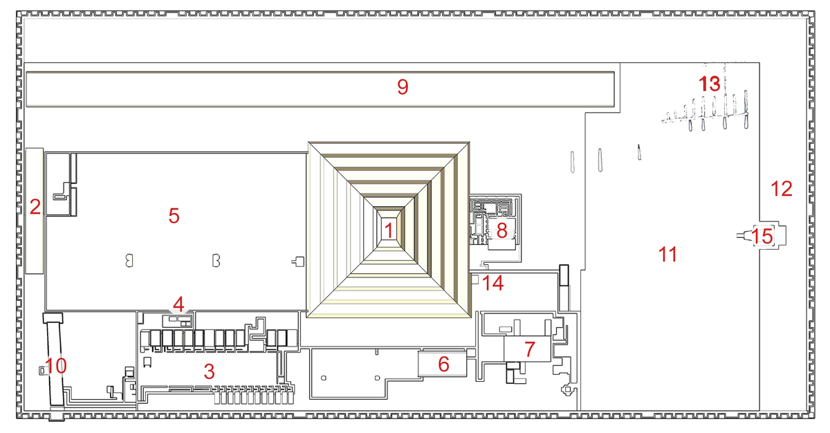 Complex layout: 1) step pyramid, 2) south tomb and chapel, 3) Sed festival complex, 4) 'T' temple, 5) south court, 6) south pavillion, 7) north pavillion, 8) mortuary temple, 9) western mounds, 10) colonnaded entrance, 11) north court, 12) north galleries, 13) step tombs, 14) serdab, and 15) north altar