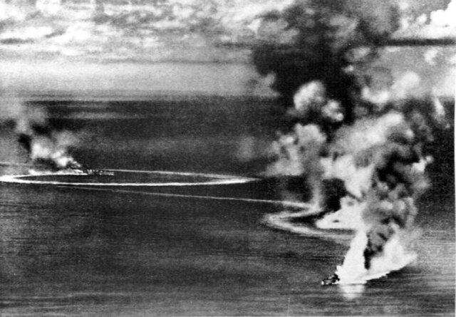 British heavy cruisers HMS Dorsetshire and Cornwall under Japanese air attack and heavily damaged on 5 April 1942.