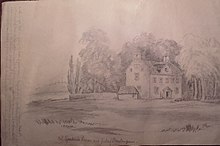 Anonymous. Drawing of the house after 1745. Four lines on the left side relate to colonel Gardiner's death. Drawing of the manor. Anonymus. No date.jpg