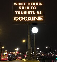 Warning sign in Amsterdam after 3 tourists died after taking white heroin that was sold as cocaine Drugs warning Amsterdam November-2014(3).JPG