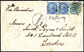 East India postage Queen Victoria stamps used in Zanzibar - Two blue half anna and a green four anna Queen Victoria stamp, before 1900.jpg
