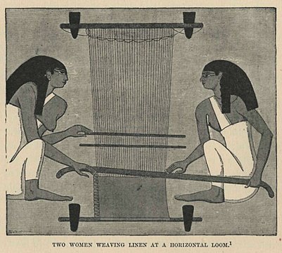 Sword beater on an Ancient Egyptian horizontal ground-pegged loom, being held by two people