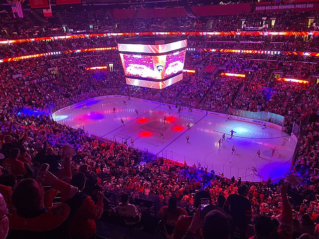 Panthers and Capitals skaters warming up prior to a game during the 2022 Stanley Cup playoffs.