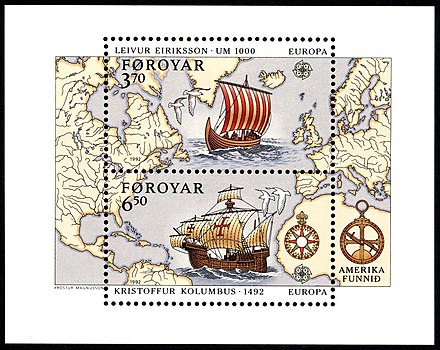Discovery of America, a postage stamp from the Faroe Islands commemorates the voyages of discovery of Leif Erikson (c. 1000) and Christopher Columbus (1492)