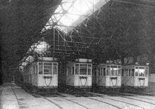 La Brugeoise cars inside the Polvorin Workshop in 1913. Flota de Brugeoise en Polvorin.jpg