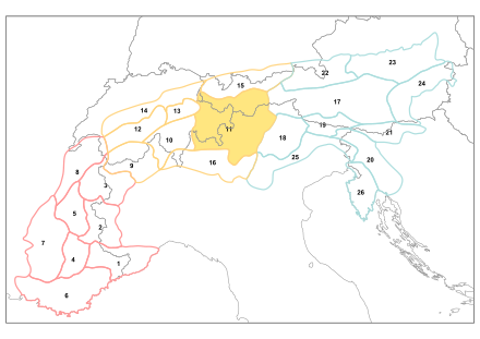 Carte de la « Partition des Alpes » (Partizione delle Alpi) adoptée en 1926, les Alpes rhétiques et les Alpes atésines en 11.