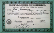 Fresno Assembly Center merit badge card dated October 2, 1942. Recipient is actually named Roy Nakagawa, not Ray Nakagama. Fresno Assembly Center merit badge card.png