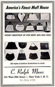 Fur muff manufacturer's 1949 advertisement Fur muff manufacturer Ralph Moses, New York, 1949 advertisement.jpg