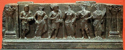Greek Buddhist devotees, holding plantain leaves, in purely Hellenistic style, inside Corinthian columns, Buner relief, Victoria and Albert Museum.