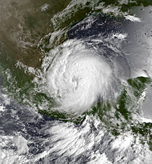 A satellite image of a hurricane over southeastern Mexico and the adjacent waters of the Gulf of Mexico