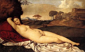 Giorgione e Tiziano,Venere dormiente, 1508 circa, olio su tela, 108x175 cm. Dresda, Gemäldegalerie.