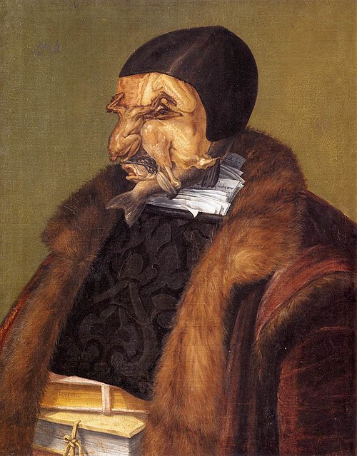 The Jurist by Giuseppe Arcimboldo, 1566. What appears to be his face is a collection of fish and poultry, while his body is a collection of books dres