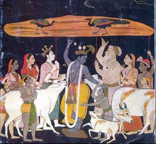 Krishna upholding the Govardhan mountain in the Tribhanga pose