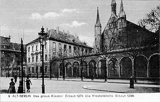 Postcard of the monastery buildings and church around 1910 Graues Kloster Berlin.jpg