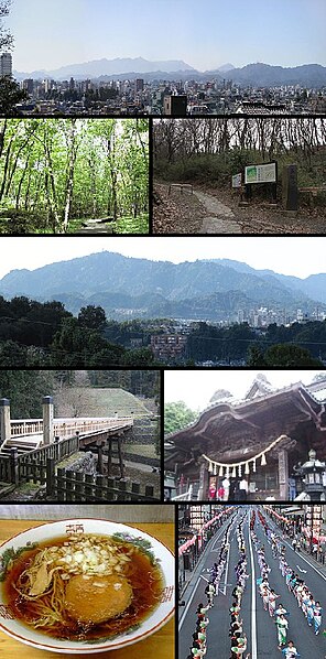 View of top left, Downtown Hachioji, Komiya Park, Naganuma Park, Mount Takao, stone fence and bridge in Hachioji Castle site, Yakuoin in Mount Takao, 