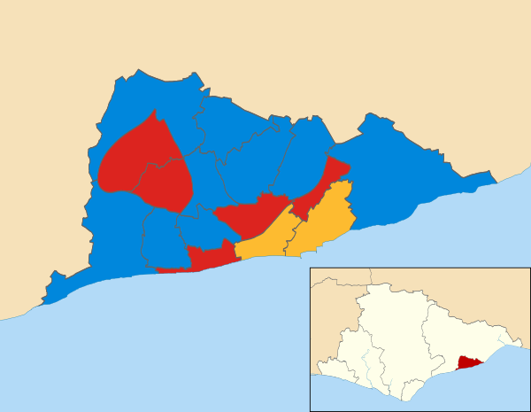 Map of the results of the 2006 Hastings council election. Conservatives in blue, Labour in red and Liberal Democrats in yellow.