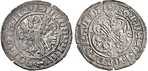 Hessian Schildgroschen (Zweischildgroschen) Louis the Frank (1458-1471), based on the Meissen Pfahlschildgroschen. (silver; 2,03 g; diameter 28 mm) Hessischer Schildgroschen, Ludwigs II. des Freimutigen.jpg