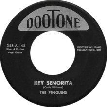 One of side-A labels of original 1954 US single Hey senorita by the penguins 1954 original US single black side-A.png
