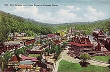 Central Avenue, on left, circa 1900, taken from the tower of the Eastman Hotel. Many commercial buildings are on the west side, across from Bathhouse Row. Hot Springs Army Navy Hospital 1893-1922 and Bathhouse Row.jpg