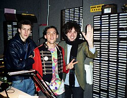 The band Icicle Works visits with DJ Steve Masters in the Live 105 radio studio in San Francisco, California - 1987 Icicle-works steve-masters live105.jpg