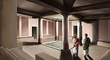 Illustration of the atrium in the building of the baths in the Roman villa of "Els Munts", close to Tarraco Il*lustracio d'una escena a l'atri de l'edifici dels banys de la vil*la romana dels Munts.jpg