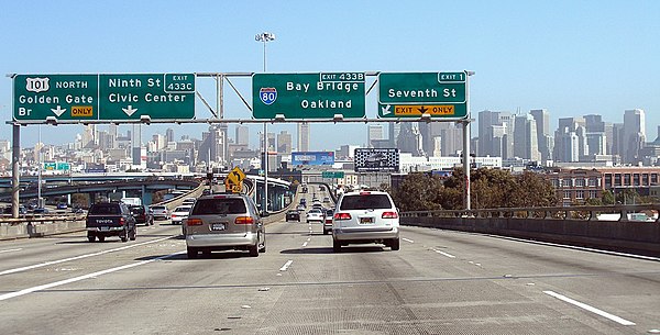 The western terminus of I-80 in San Francisco, viewed from northbound US 101