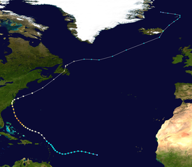 Stormen bildas österut om de mindre Antillerna.  Stormvägen för Ione tar den över de mindre Antillerna som en tropisk storm och sedan går den mellan väst-nordväst mot North Carolina.  Det blir en stor orkan norr om Bahamas och landar i North Carolina som kategori 1. Stormen krokar sedan kraftigt nordost över land och tävlar sedan utanför North Carolina mot den extrema norra Atlanten.