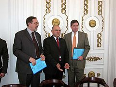 Ivan Volynkin, Alexander Maisuradze and Mark Perry after the signing the letter of Georgian’s intention to join the Global Initiative to Combat Nuclear Terrorism (April 27, 2007).jpg